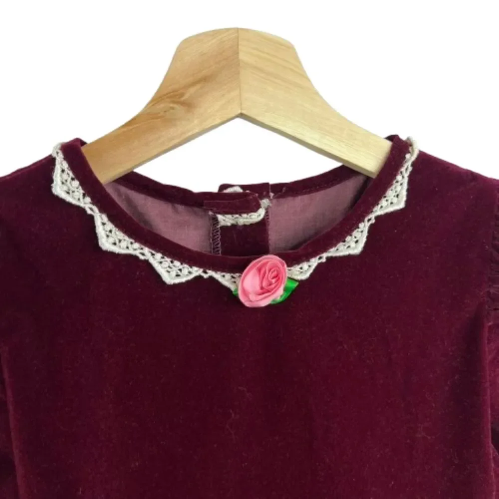 Vintage Jo Lene Girls Burgundy Velvet Lace Trim Dress Victorian Style Size 7 - Picture 3 of 6